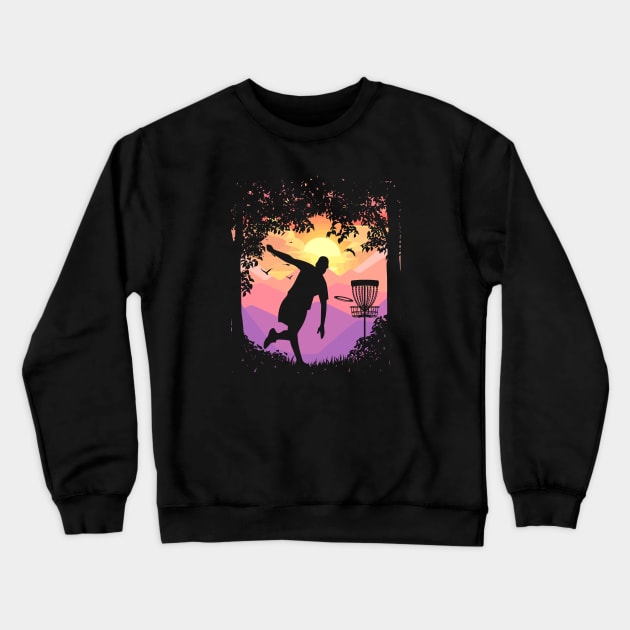 Disc Golf Pixel Sunset Tree Framed Disc Golfer Art Crewneck Sweatshirt by TeeCreations